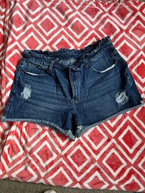 High-Rise Dark Blue Distressed Denim Shorts for Women